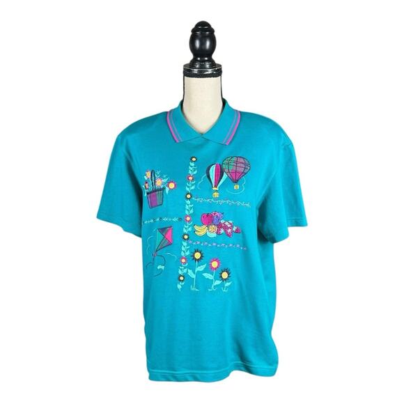 Vintage 80’s Embroidered Hot Air Balloon Kite Novelty Print Collared Top - Picture 2 of 5